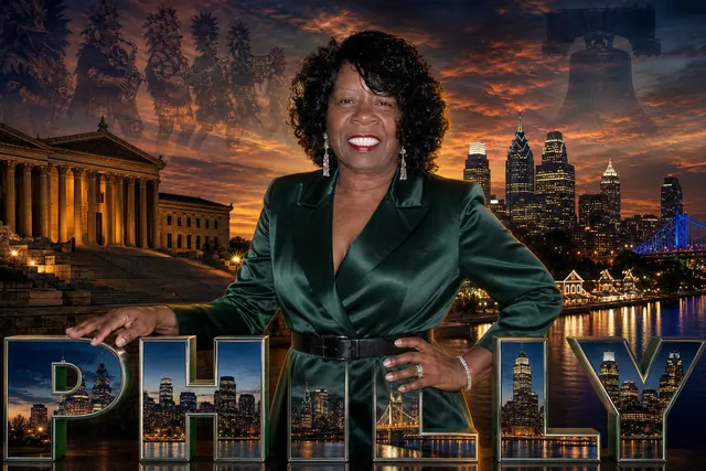 Glamolur AI themed portrait by Photo Illusions: a smiling woman in emerald satin in front of the Philadelphia skyline, titled Philly Made Me