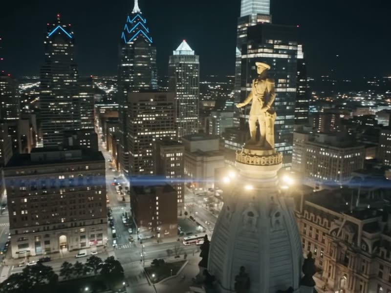Night skyline of Philadelphia with the William Penn statue