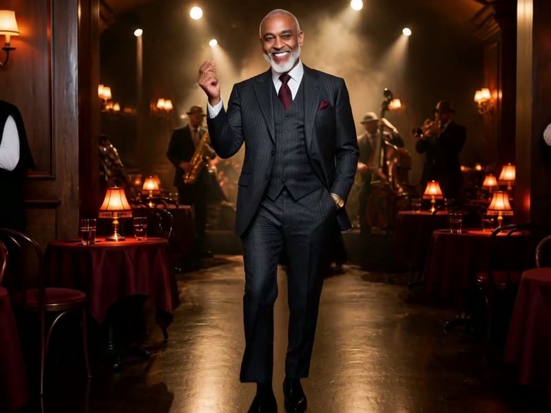 The guest in a pinstripe suit strolling through a jazz club