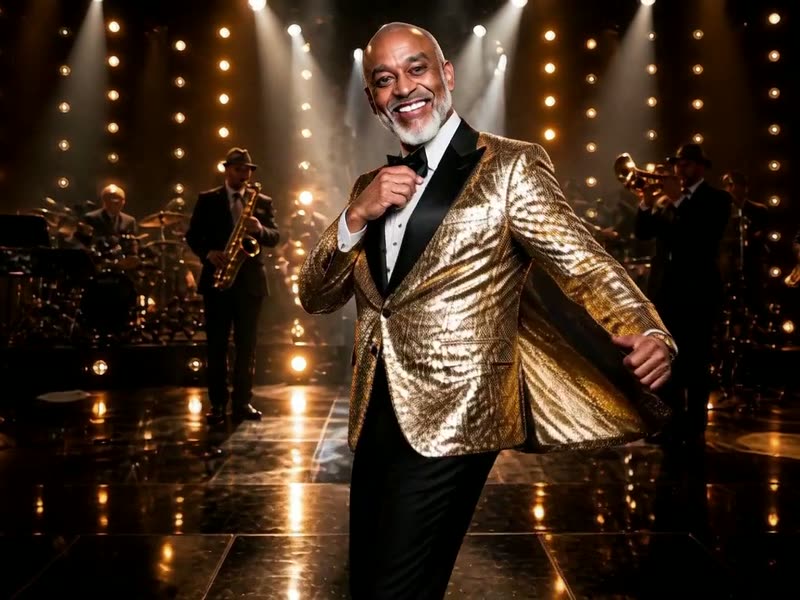 The guest now in a gold tuxedo jacket on a concert stage