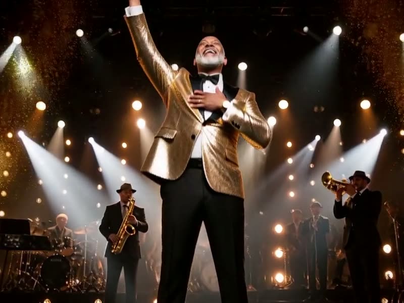 The guest with one arm raised in the spotlights
